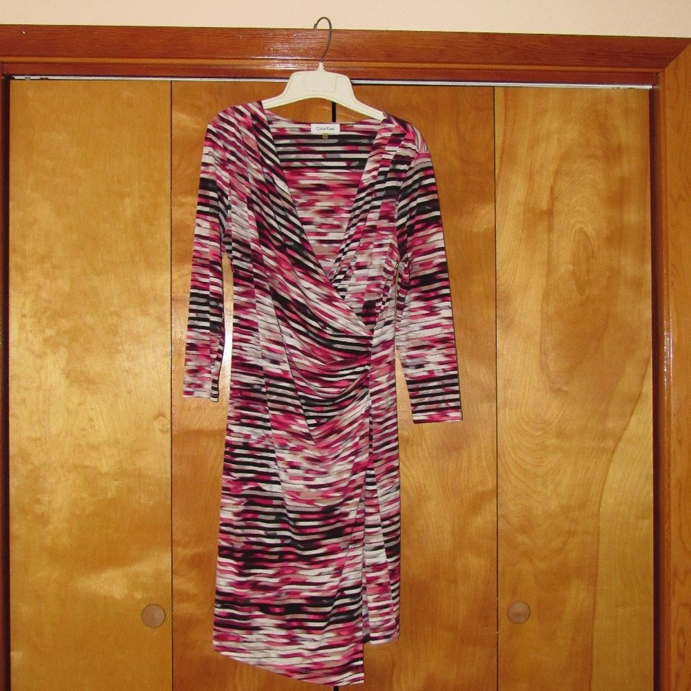 Calvin Klein Striped Long Sleeve V-neck Faux Wrap Dress